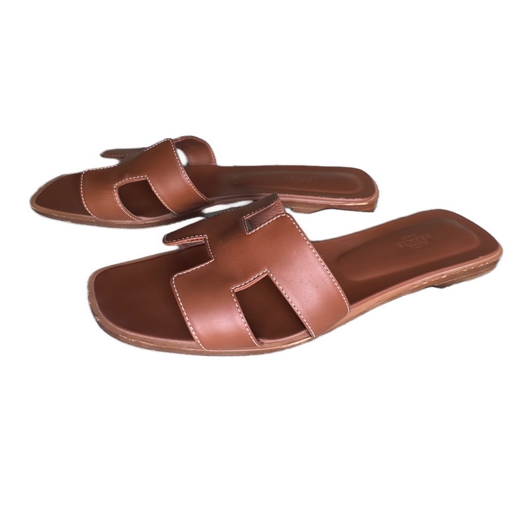 Hermes Oran Brown Leather Slide Sandals